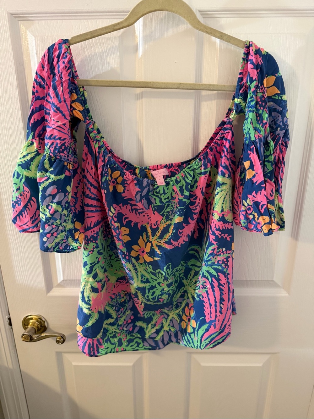 Lilly Pulitzer Navy Floral Off-Shoulder Top with Pink and Green Print